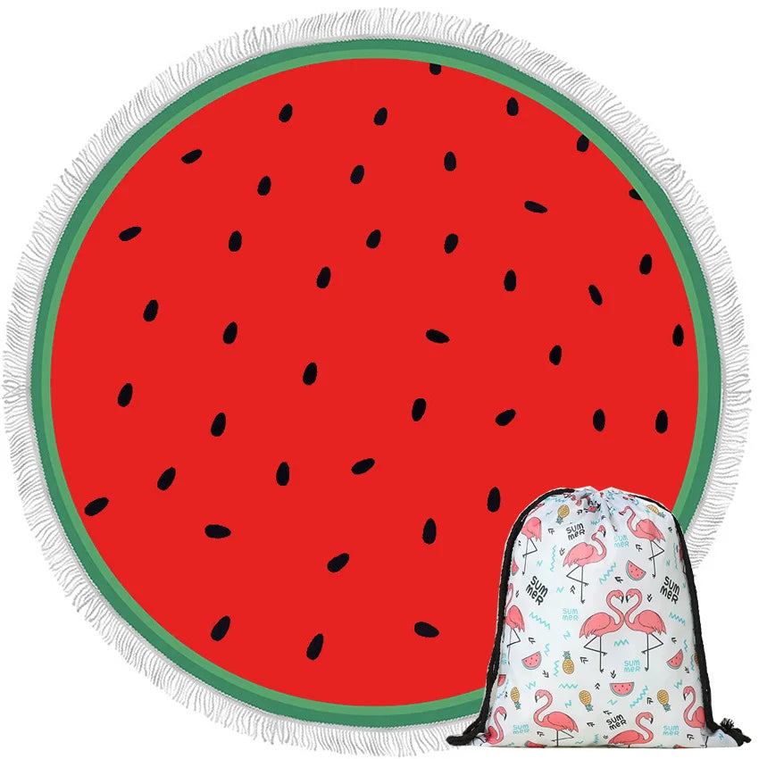 Watermelon Summer round Beach Towels with Drawstring Storage Bag Sports Bath Shower Towels Yoga Mat with Tassels Toalla Playa