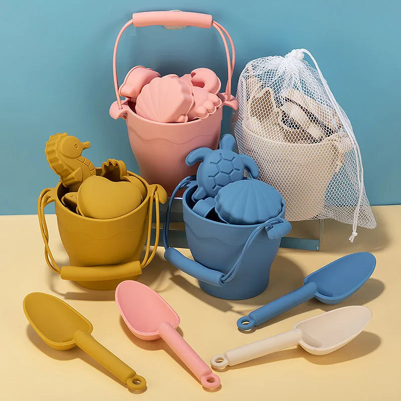 TYRY.HU 8Pcs/Set Children Toys Silicone Beach Toy Set with Bucket and Six Accessories Fun Outdoor Play Sand for Kids