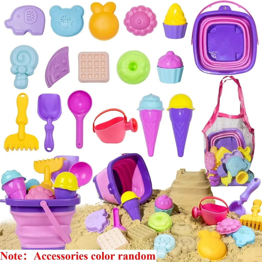 20Pcs Beach Toys Set for Kids Toddlers Girls Collapsible Sand Bucket Shovels Set Mesh Bag Sand Molds Ice Cream Travel Sand Toys