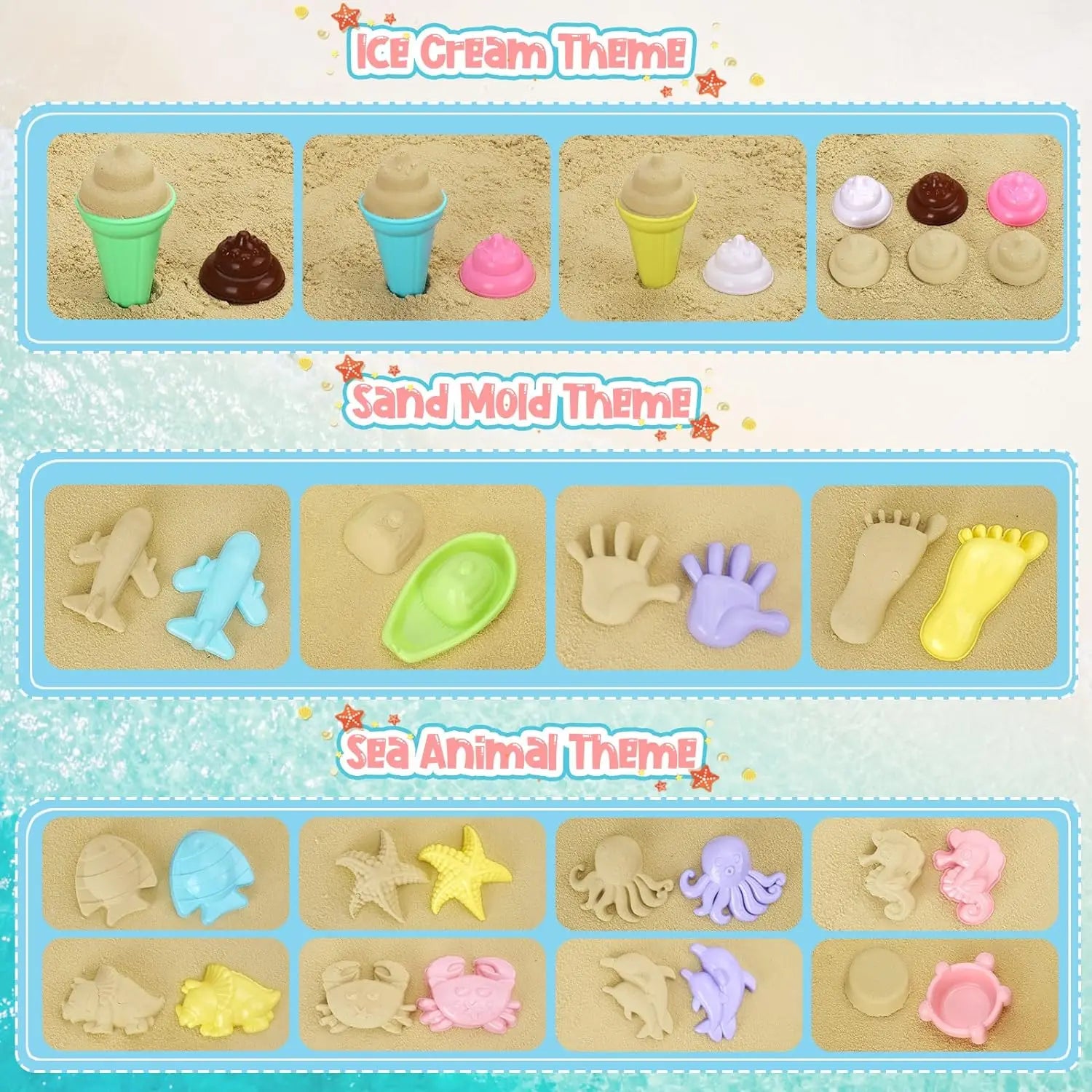 20Pcs Beach Toys Set for Kids Toddlers Girls Collapsible Sand Bucket Shovels Set Mesh Bag Sand Molds Ice Cream Travel Sand Toys