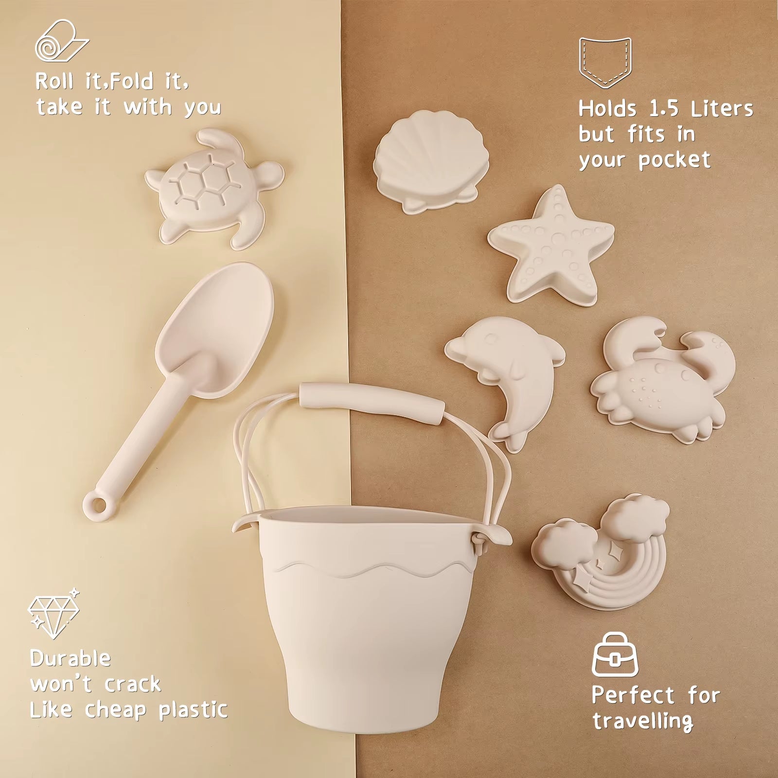 TYRY.HU 8Pcs/Set Children Toys Silicone Beach Toy Set with Bucket and Six Accessories Fun Outdoor Play Sand for Kids