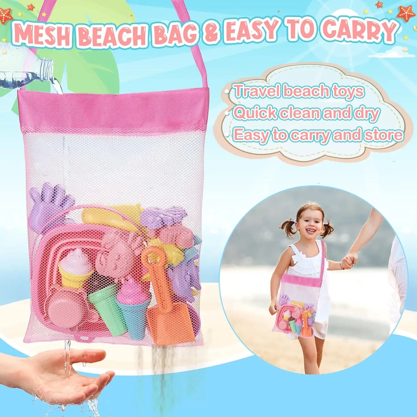 20Pcs Beach Toys Set for Kids Toddlers Girls Collapsible Sand Bucket Shovels Set Mesh Bag Sand Molds Ice Cream Travel Sand Toys