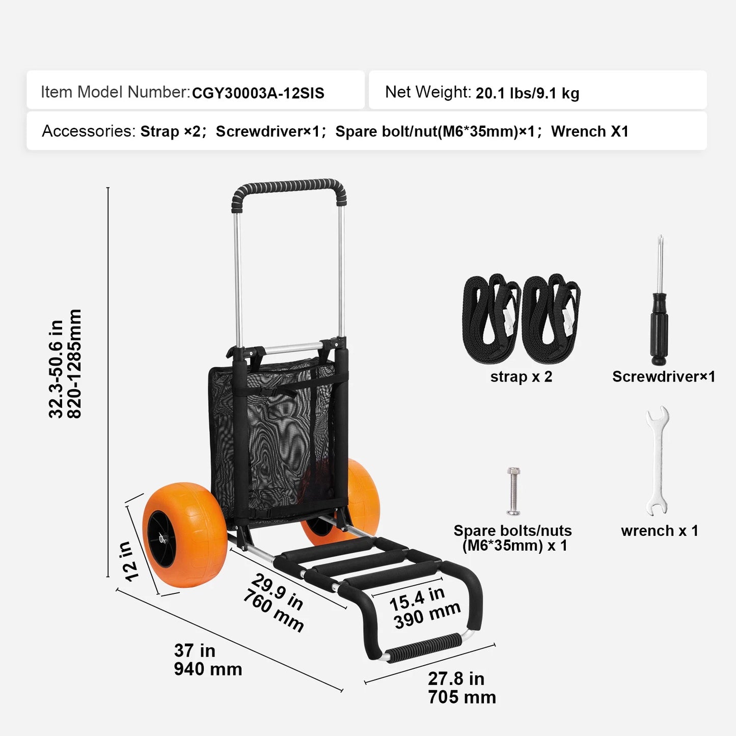 Beach Dolly with Big Wheels for Sand 165LBS Folding Cart with Cargo Deck Solid Wheel Adjustable Height Cart for Beach