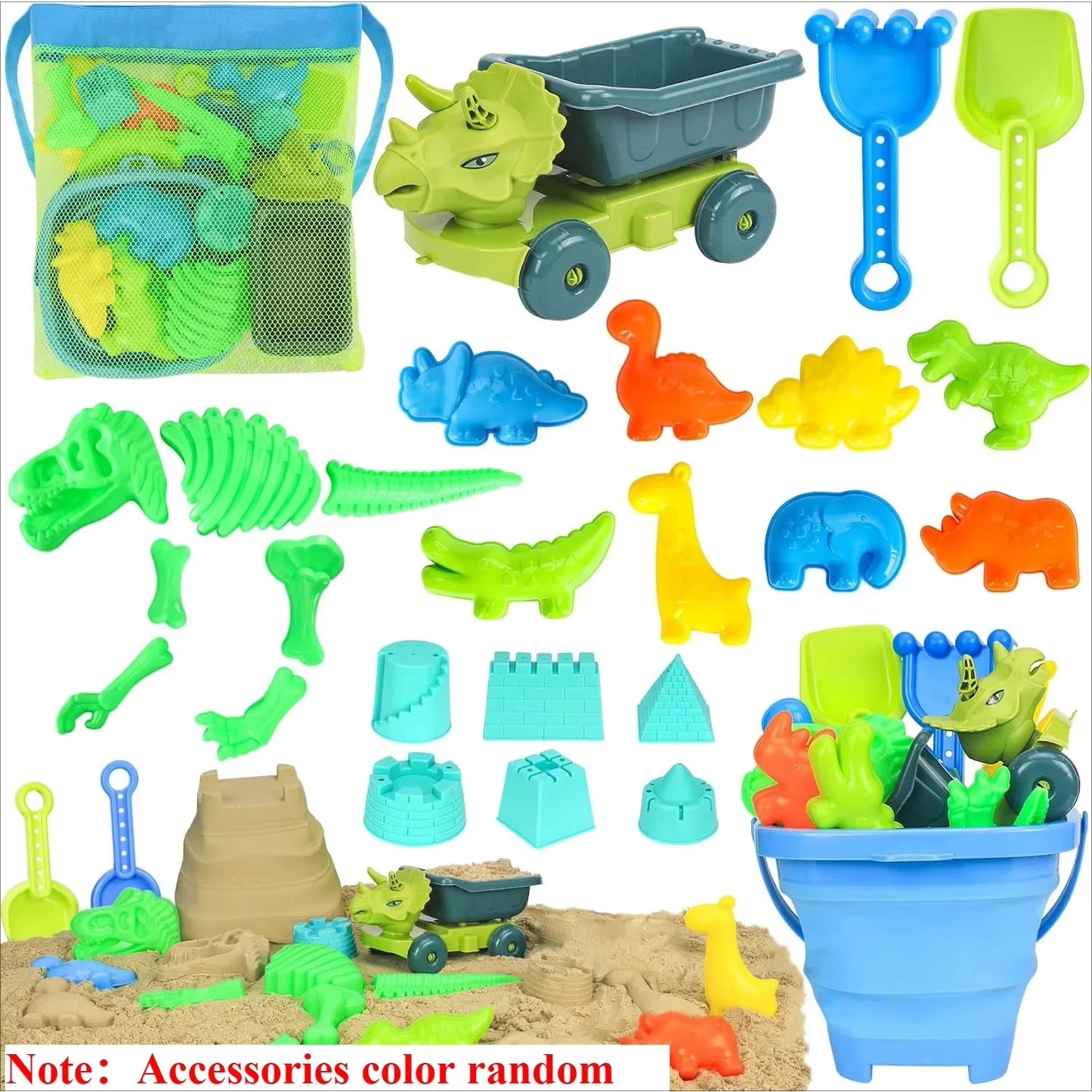 20Pcs Beach Toys Set for Kids Toddlers Girls Collapsible Sand Bucket Shovels Set Mesh Bag Sand Molds Ice Cream Travel Sand Toys
