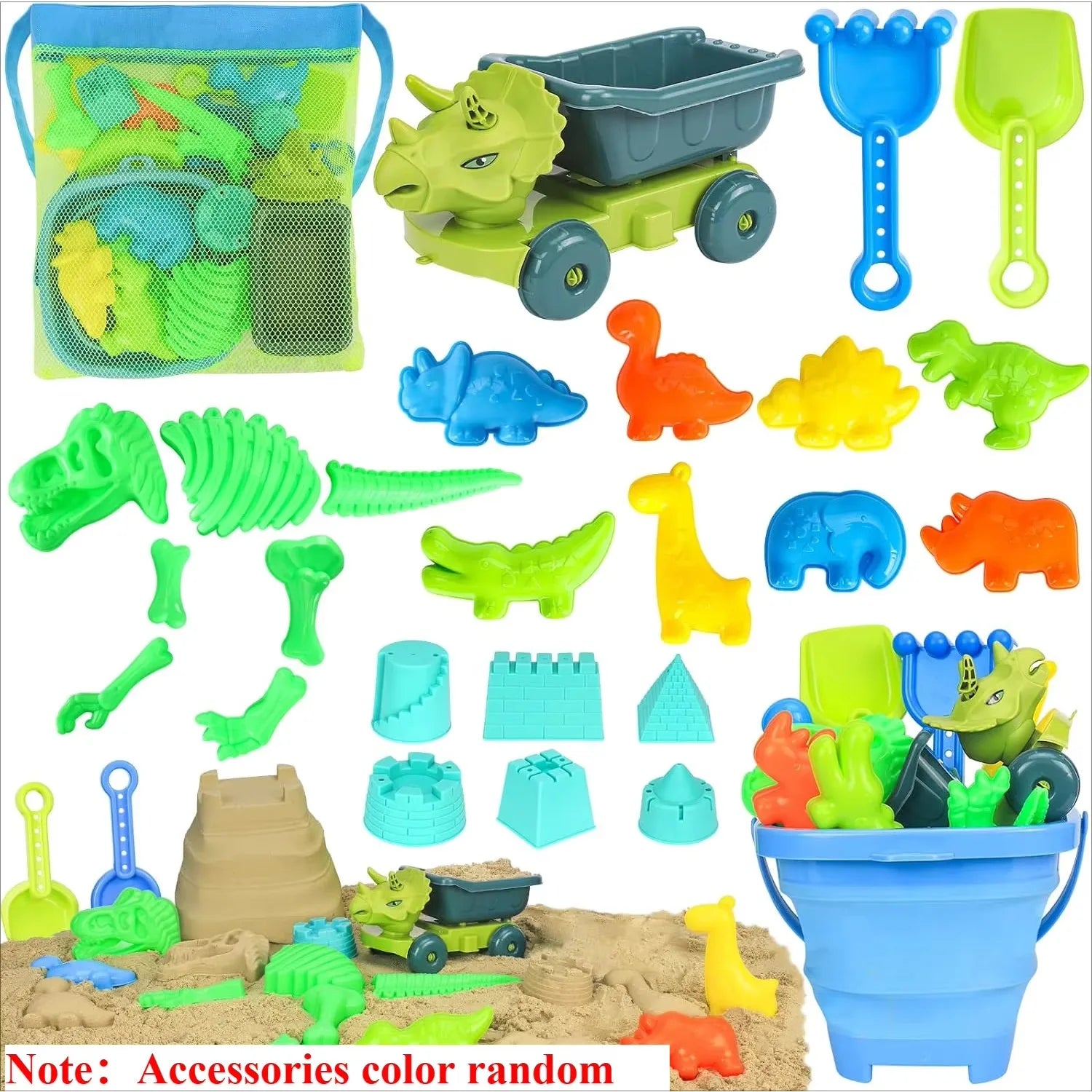20Pcs Beach Toys Set for Kids Toddlers Girls Collapsible Sand Bucket Shovels Set Mesh Bag Sand Molds Ice Cream Travel Sand Toys
