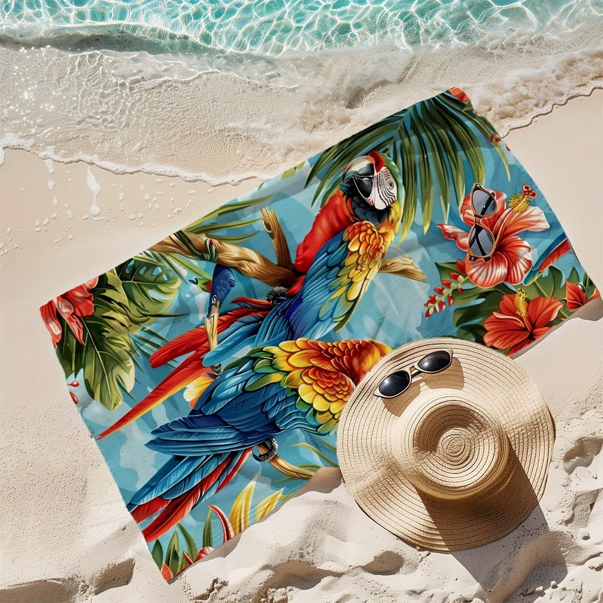 Tropical Paradise Beach Towel: Parrots & Flowers for Summer Fun Suitable for Towels, Bath Towels, Beach Towels