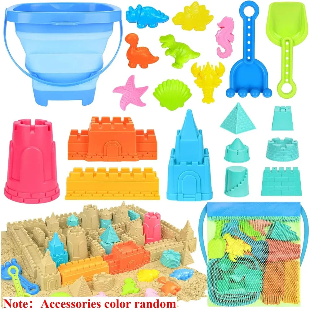20Pcs Beach Toys Set for Kids Toddlers Girls Collapsible Sand Bucket Shovels Set Mesh Bag Sand Molds Ice Cream Travel Sand Toys