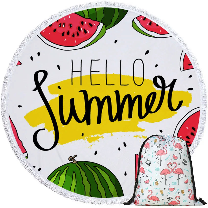Watermelon Summer round Beach Towels with Drawstring Storage Bag Sports Bath Shower Towels Yoga Mat with Tassels Toalla Playa