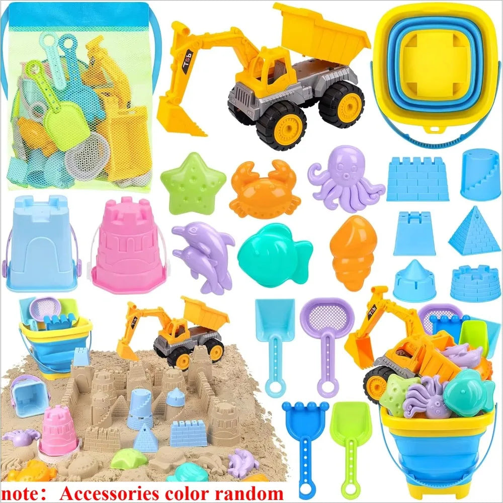 20Pcs Beach Toys Set for Kids Toddlers Girls Collapsible Sand Bucket Shovels Set Mesh Bag Sand Molds Ice Cream Travel Sand Toys