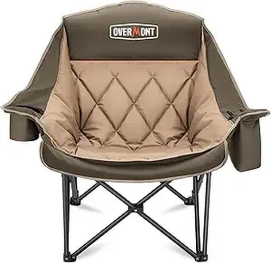 Oversized XL Camping Chair for Adults - 450Lbs Support Heavy-Duty Padded Folding Chair with Side Pocket Cup Holder Cooling Bag