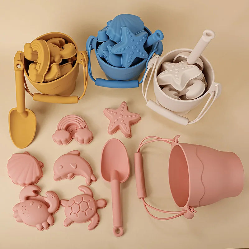 TYRY.HU 8Pcs/Set Children Toys Silicone Beach Toy Set with Bucket and Six Accessories Fun Outdoor Play Sand for Kids