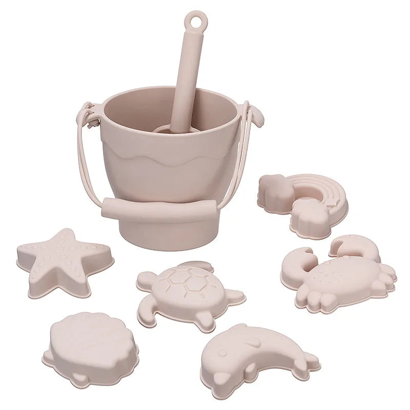 TYRY.HU 8Pcs/Set Children Toys Silicone Beach Toy Set with Bucket and Six Accessories Fun Outdoor Play Sand for Kids