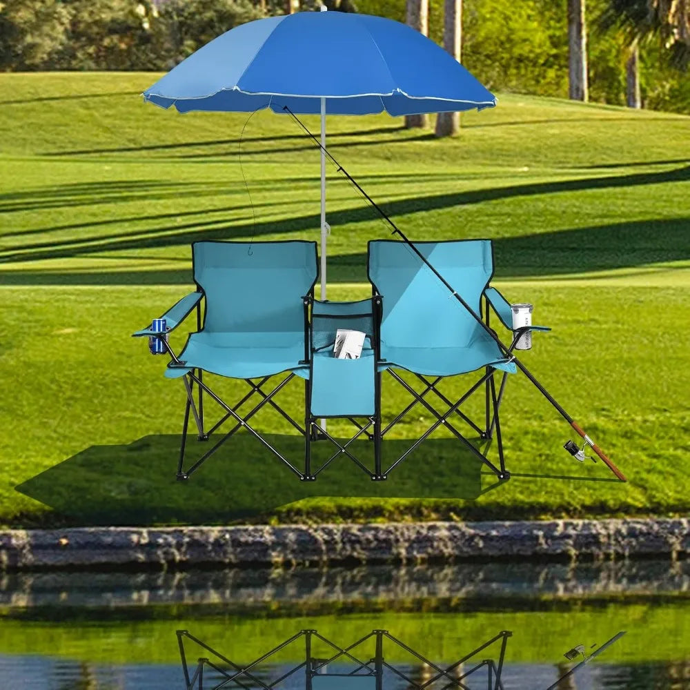 Double Camping Chair with Umbrella, Folding Loveseat Chairs W/Canopy Shade, Carrying Bag, Table, Cup Holder, Portable Beach Cha