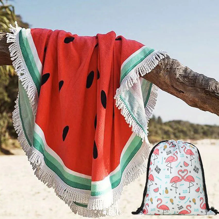 Watermelon Summer round Beach Towels with Drawstring Storage Bag Sports Bath Shower Towels Yoga Mat with Tassels Toalla Playa