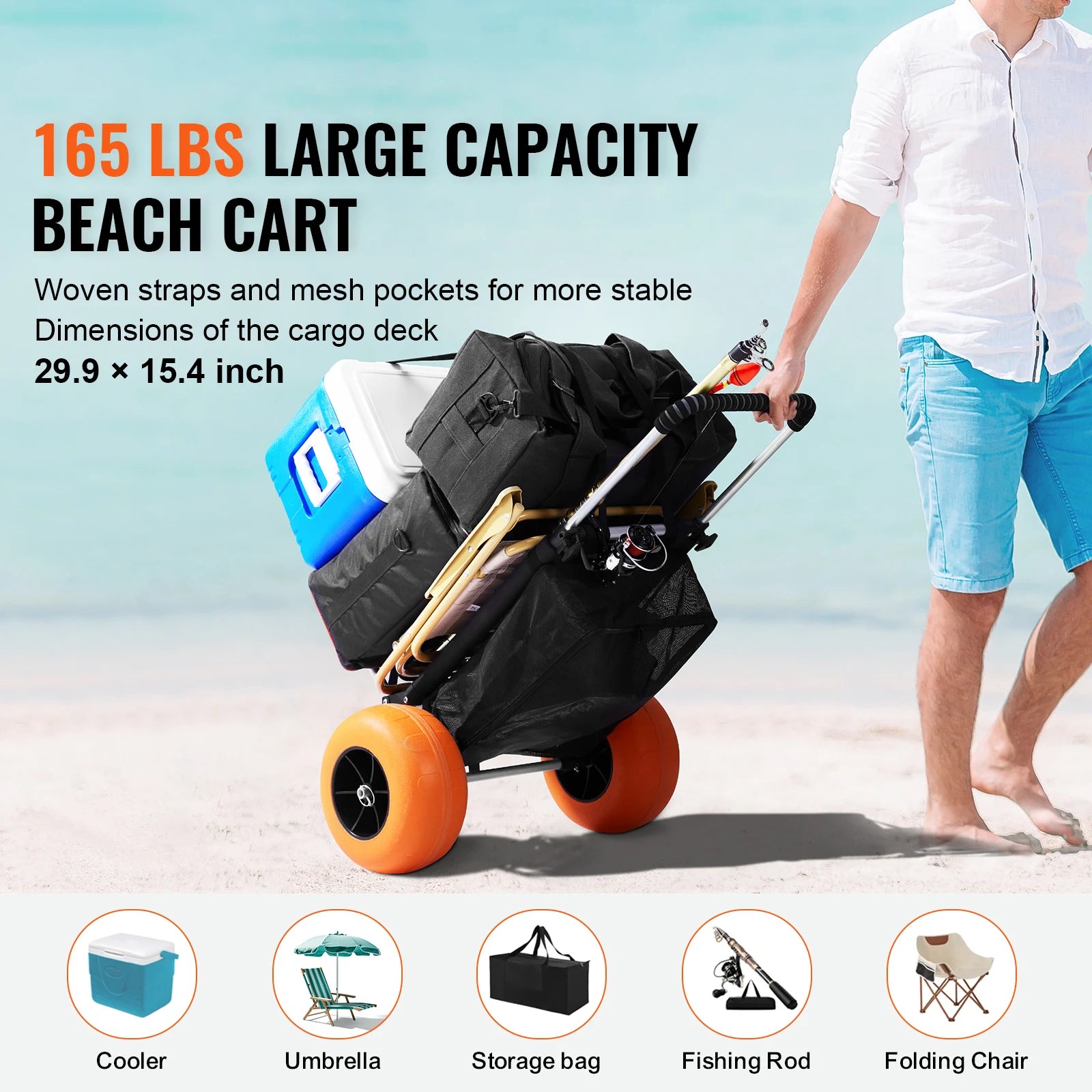 Beach Dolly with Big Wheels for Sand 165LBS Folding Cart with Cargo Deck Solid Wheel Adjustable Height Cart for Beach
