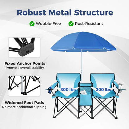 Double Camping Chair with Umbrella, Folding Loveseat Chairs W/Canopy Shade, Carrying Bag, Table, Cup Holder, Portable Beach Cha