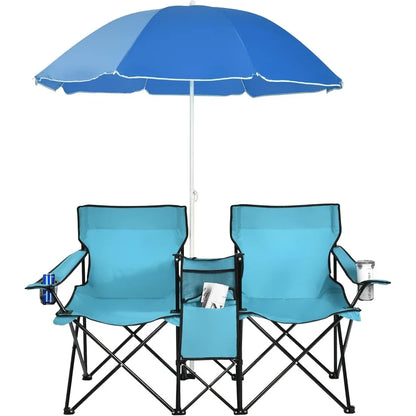 Double Camping Chair with Umbrella, Folding Loveseat Chairs W/Canopy Shade, Carrying Bag, Table, Cup Holder, Portable Beach Cha