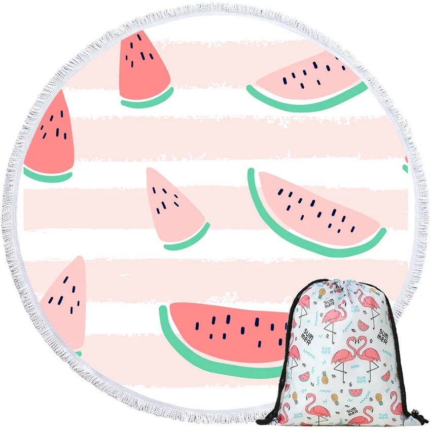 Watermelon Summer round Beach Towels with Drawstring Storage Bag Sports Bath Shower Towels Yoga Mat with Tassels Toalla Playa