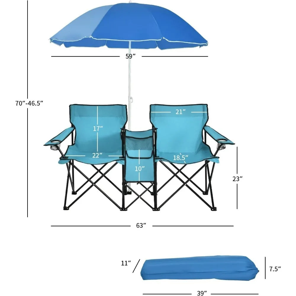 Double Camping Chair with Umbrella, Folding Loveseat Chairs W/Canopy Shade, Carrying Bag, Table, Cup Holder, Portable Beach Cha