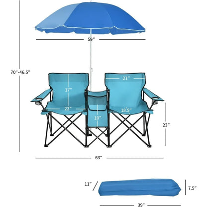 Double Camping Chair with Umbrella, Folding Loveseat Chairs W/Canopy Shade, Carrying Bag, Table, Cup Holder, Portable Beach Cha