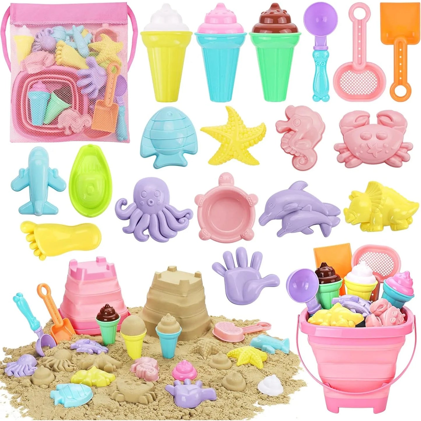 20Pcs Beach Toys Set for Kids Toddlers Girls Collapsible Sand Bucket Shovels Set Mesh Bag Sand Molds Ice Cream Travel Sand Toys