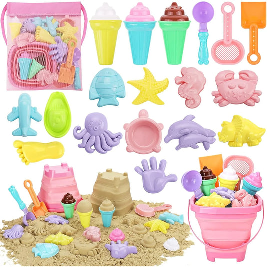 20Pcs Beach Toys Set for Kids Toddlers Girls Collapsible Sand Bucket Shovels Set Mesh Bag Sand Molds Ice Cream Travel Sand Toys