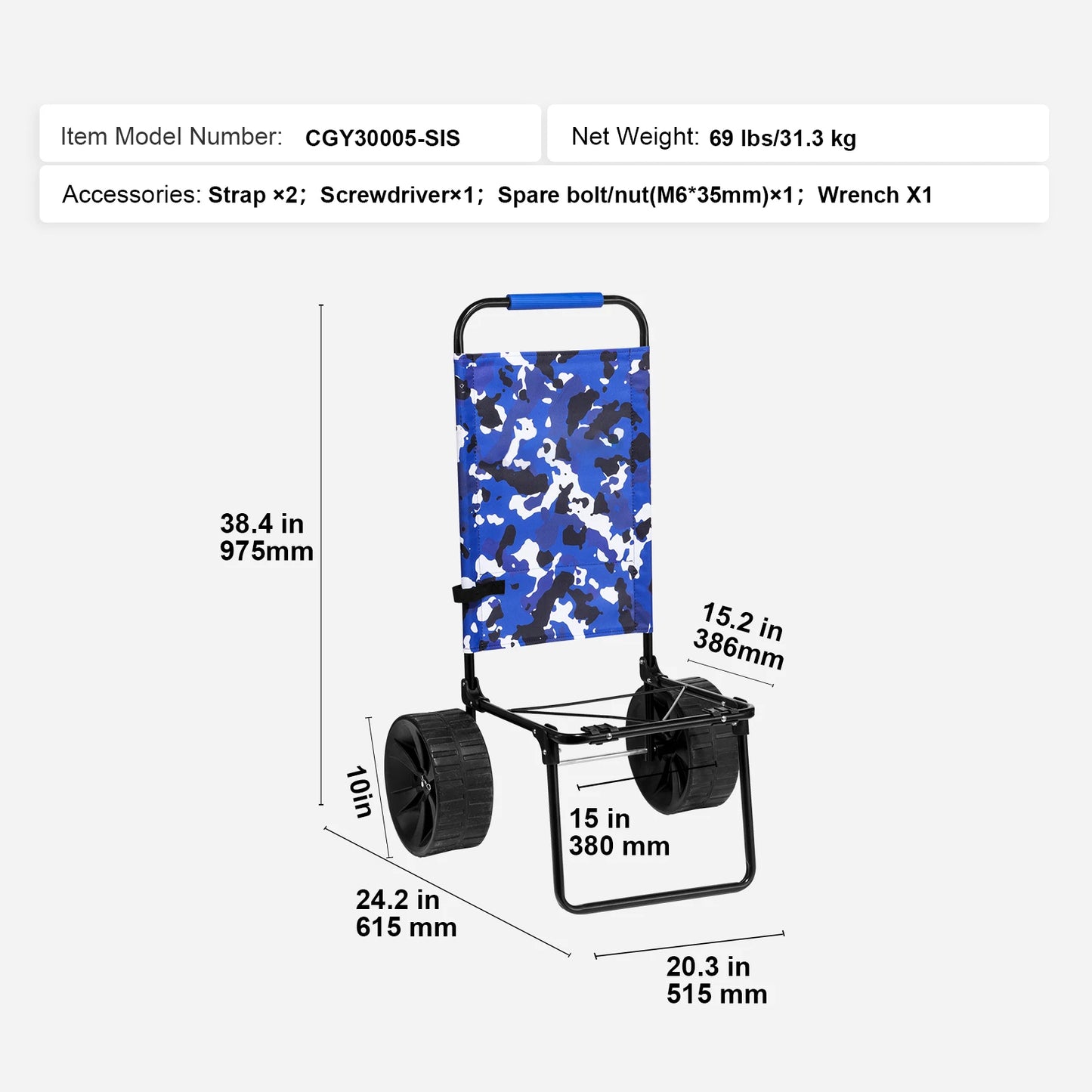 Beach Dolly with Big Wheels for Sand 165LBS Folding Cart with Cargo Deck Solid Wheel Adjustable Height Cart for Beach