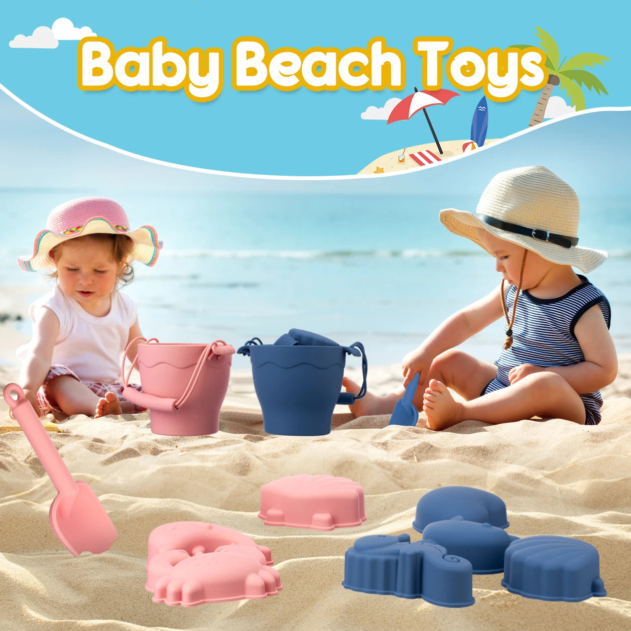 TYRY.HU 8Pcs/Set Children Toys Silicone Beach Toy Set with Bucket and Six Accessories Fun Outdoor Play Sand for Kids